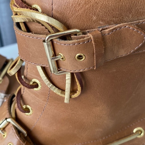 Sperry Top Sider Leather Upper Boots Gold Laces Lace Up Double Buckle Like New - Picture 16 of 17